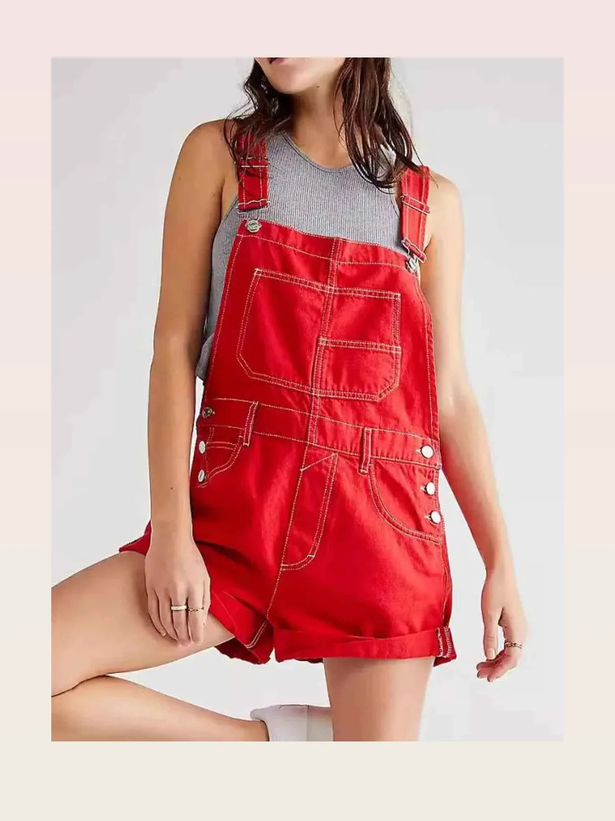 Scarlet Red Rolled Cuff Wide Strap Denim Overalls — styled showcase — Livostyle