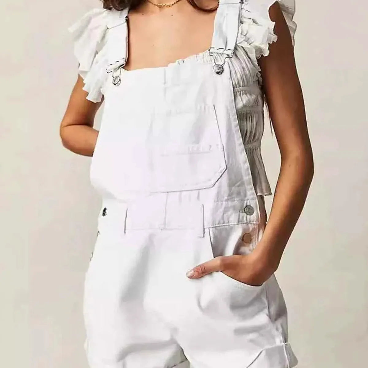 White Ruffle Sleeve Wide Strap Denim Overalls — square view — Livostyle