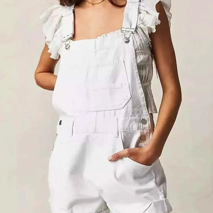 White Ruffle Sleeve Wide Strap Denim Overalls — square view — Livostyle