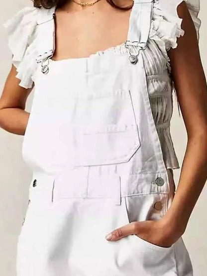 White Ruffle Sleeve Wide Strap Denim Overalls — detail view — Livostyle