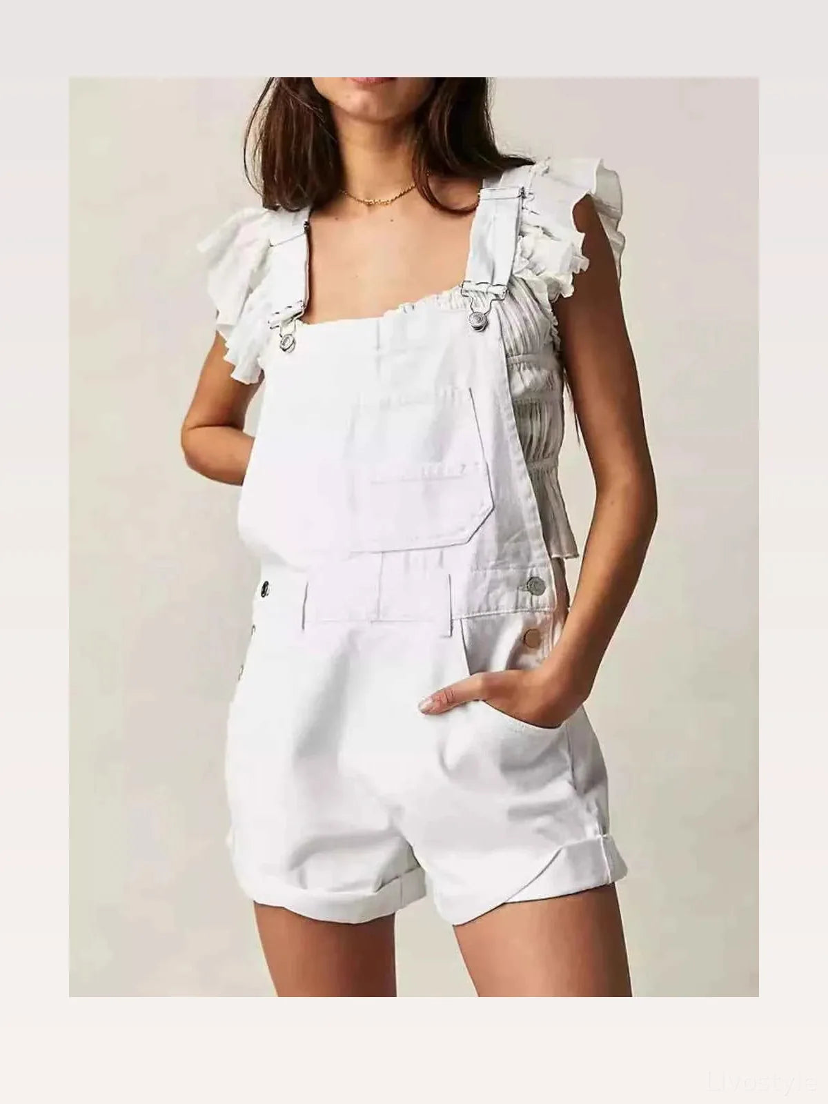 White Ruffle Sleeve Wide Strap Denim Overalls — styled showcase — Livostyle