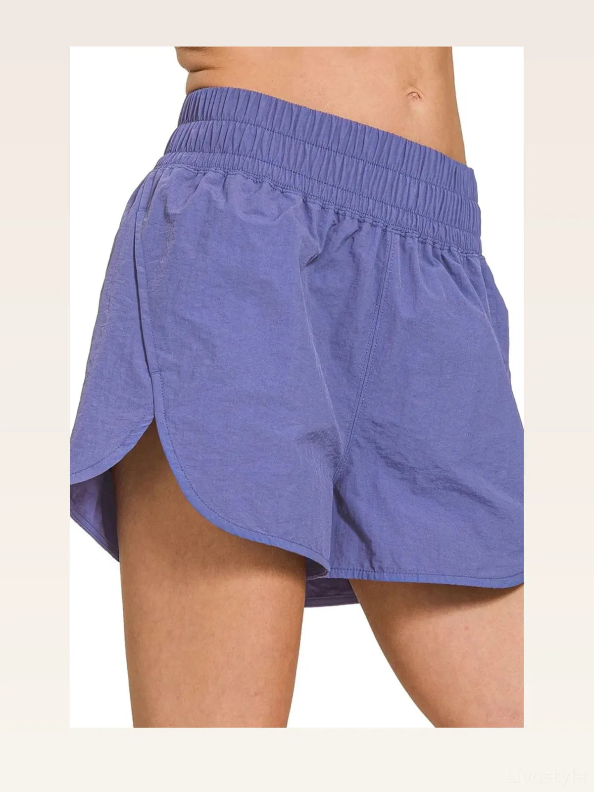 Windbreaker Smocked Waistband Running Shorts in MARLIN — styled showcase — Livostyle