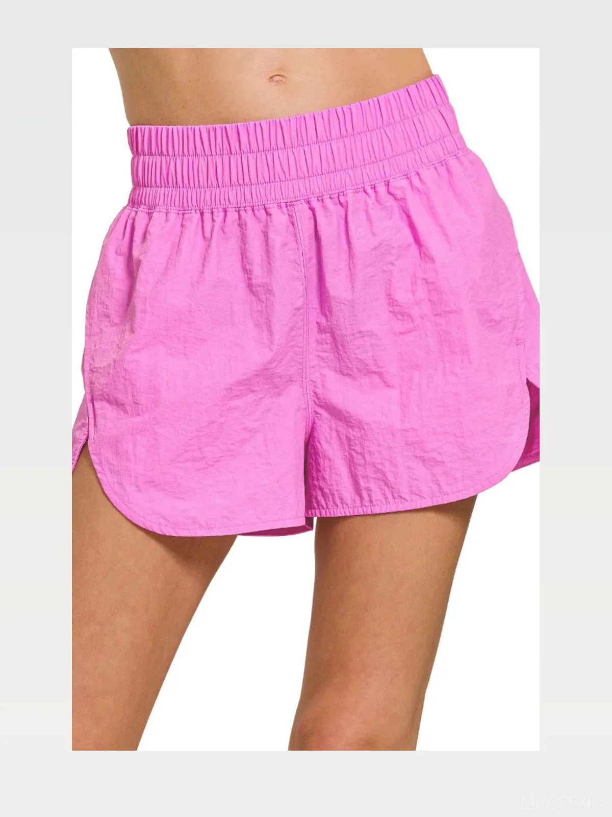 Windbreaker Smocked Waistband Running Shorts in BRIGHT MAUVE — styled showcase — Livostyle