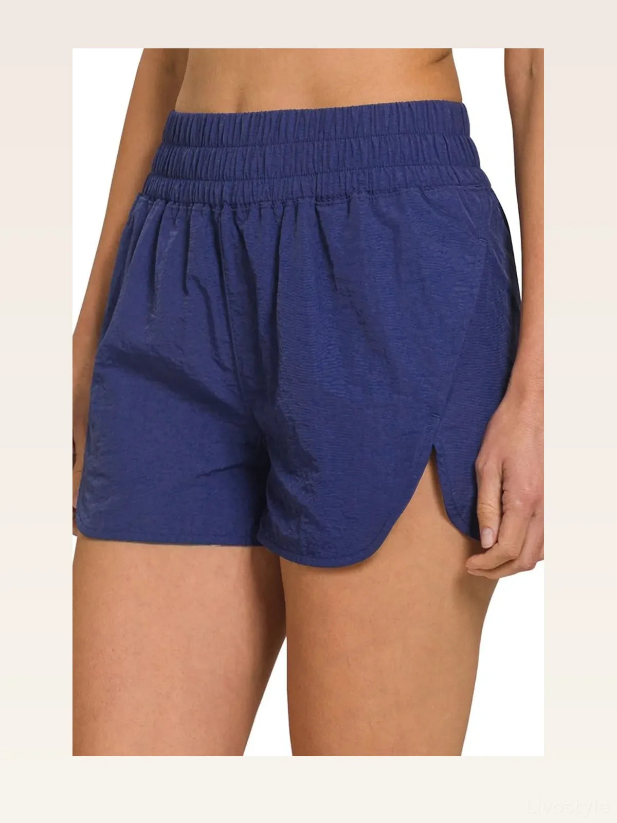 Windbreaker Smocked Waistband Running Shorts in LT NAVY — styled showcase — Livostyle