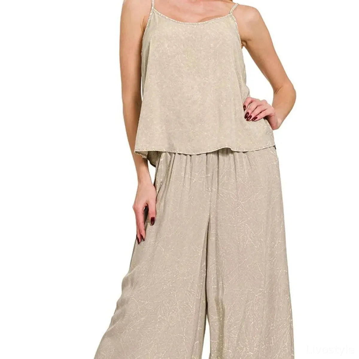 Woven Acid Crinkle Washed Cami & Pants 2 Piece Set in ASH MO — square view — Livostyle