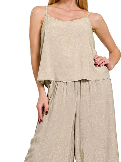 Woven Acid Crinkle Washed Cami & Pants 2 Piece Set in ASH MO — detail view — Livostyle