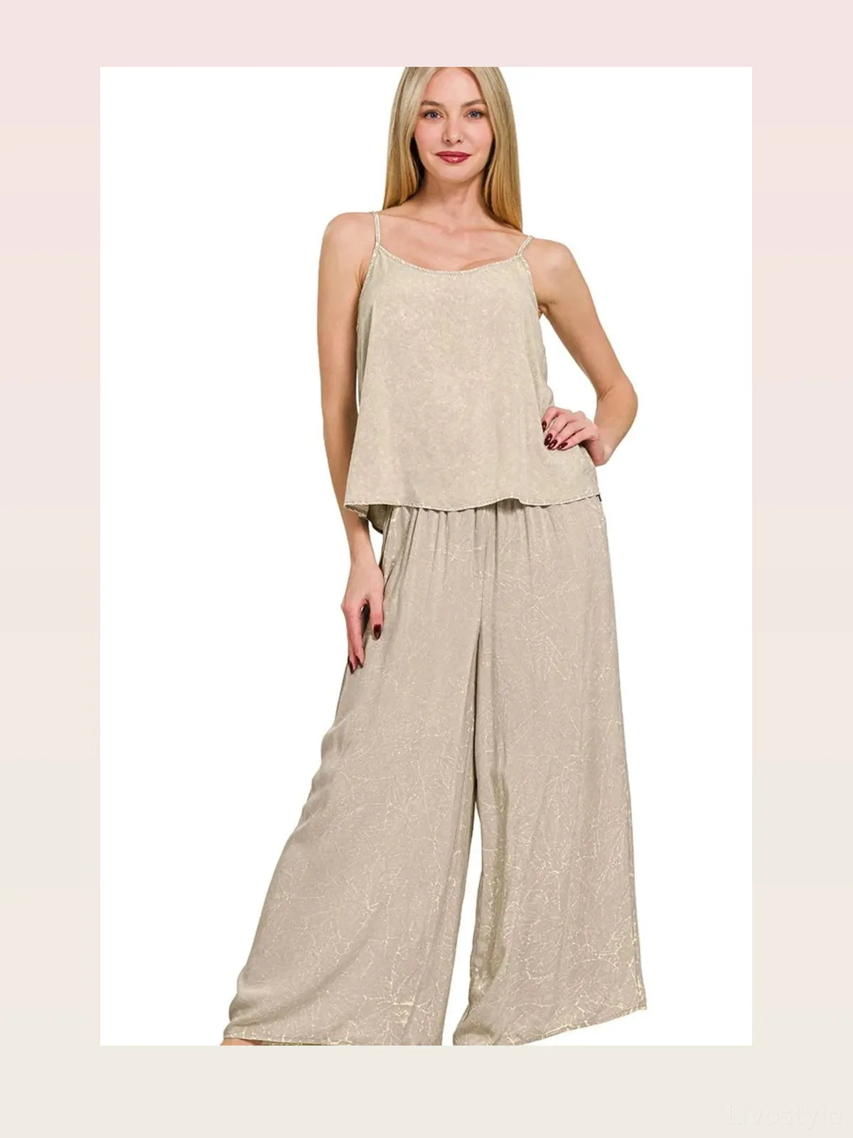 Woven Acid Crinkle Washed Cami & Pants 2 Piece Set in ASH MO — styled showcase — Livostyle