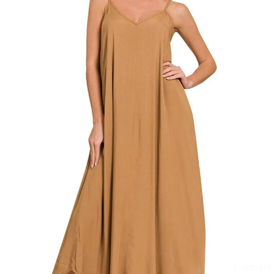Woven Arc Hem Cami Dress With Flowy Pockets in DEEP CAMEL — square view — Livostyle