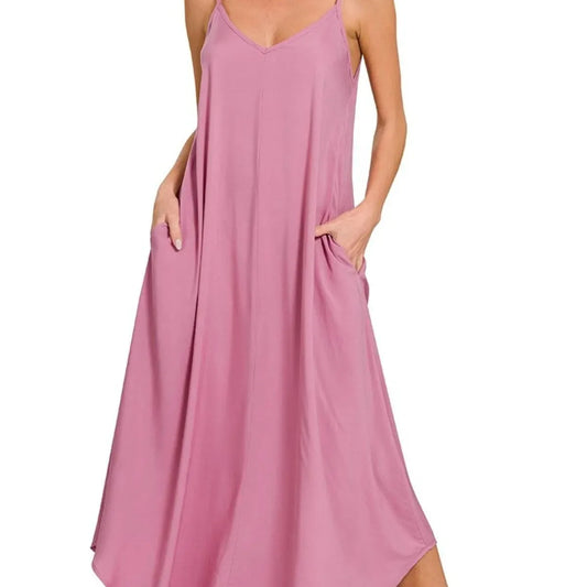 Woven Arc Hem Cami Dress With Flowy Pockets in LT ROSE — square view — Livostyle