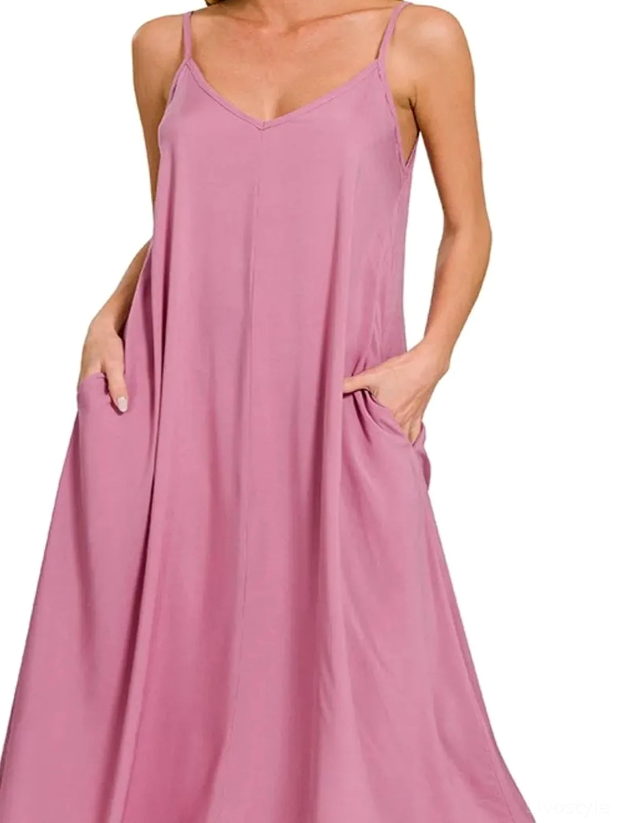 Woven Arc Hem Cami Dress With Flowy Pockets in LT ROSE — detail view — Livostyle