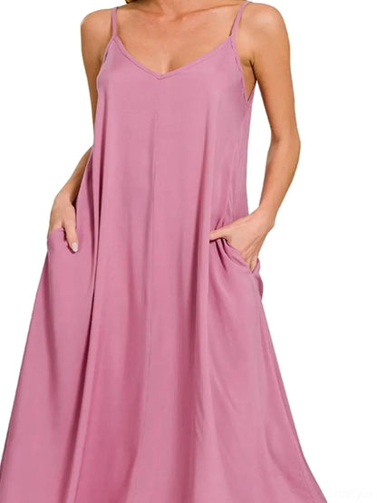 Woven Arc Hem Cami Dress With Flowy Pockets in LT ROSE — detail view — Livostyle