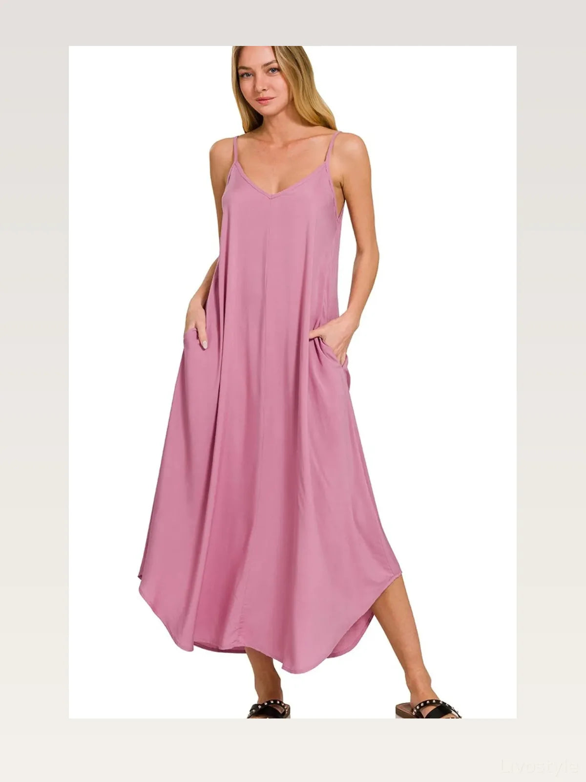 Woven Arc Hem Cami Dress With Flowy Pockets in LT ROSE — styled showcase — Livostyle