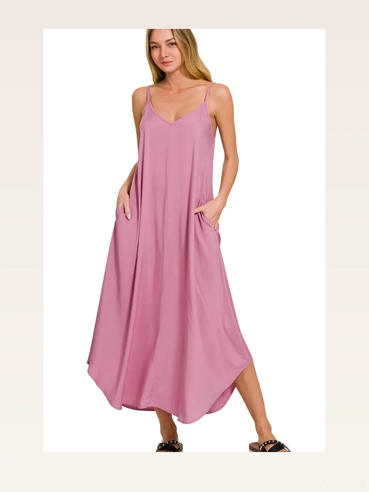 Woven Arc Hem Cami Dress With Flowy Pockets in LT ROSE — styled showcase — Livostyle