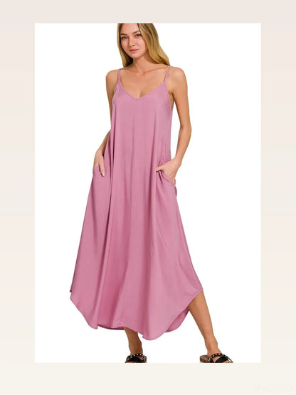 Woven Arc Hem Cami Dress With Flowy Pockets in LT ROSE — styled showcase — Livostyle