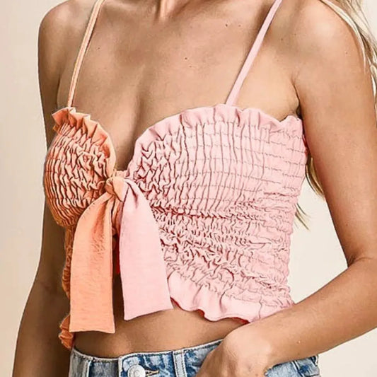 Trendy Color Block Smocked Bra Top with Ribbon Accents — square view — Livostyle