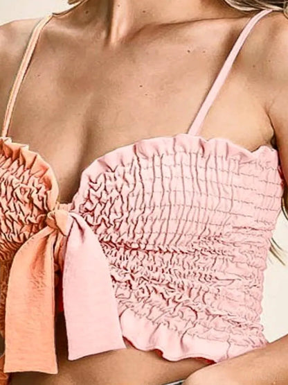 Trendy Color Block Smocked Bra Top with Ribbon Accents — detail view — Livostyle