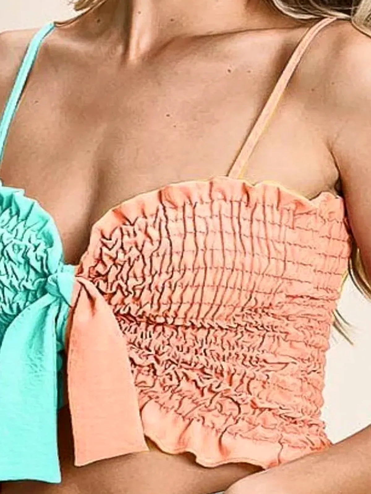 Vibrant Color-Block Smocked Bra Top with Ribbon Detail — detail view — Livostyle