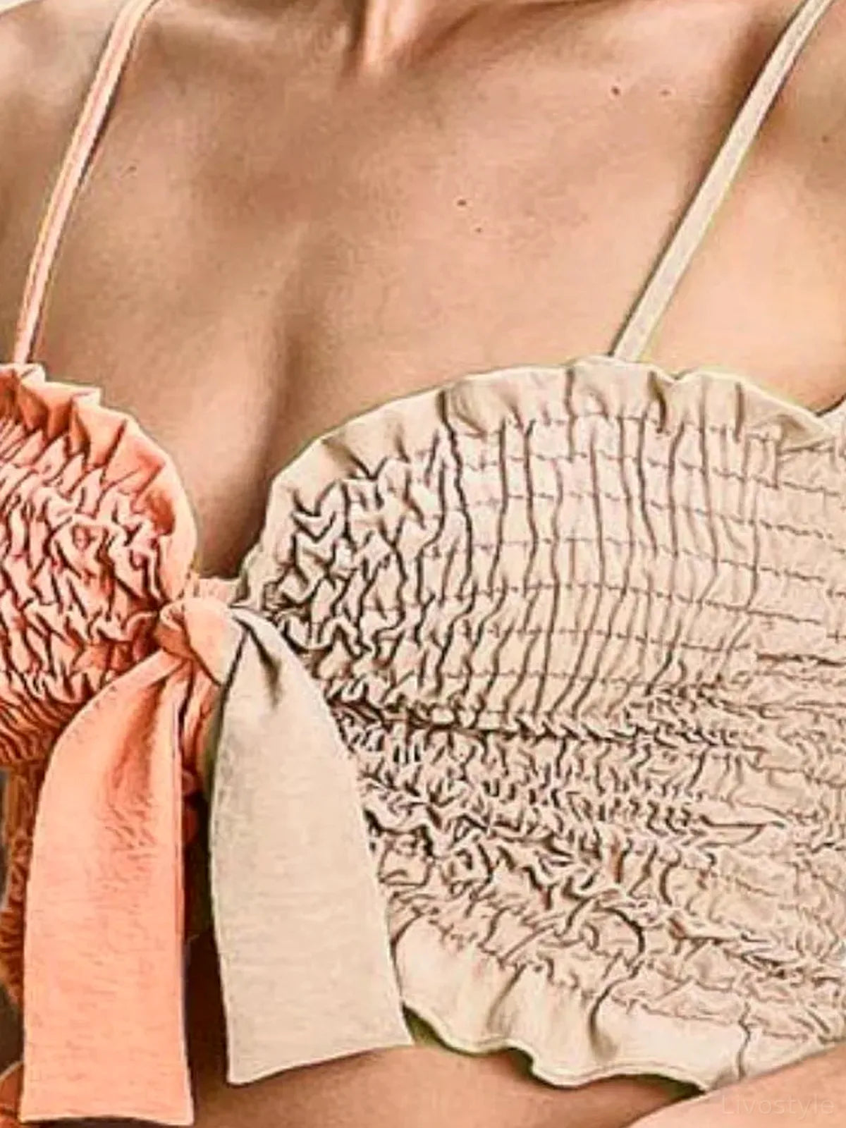Trendy Color Block Smocked Top with Ribbon Detailing — detail view — Livostyle