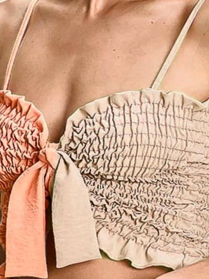 Trendy Color Block Smocked Top with Ribbon Detailing — detail view — Livostyle