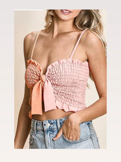 Trendy Color Block Smocked Bra Top with Ribbon Accents — styled showcase — Livostyle