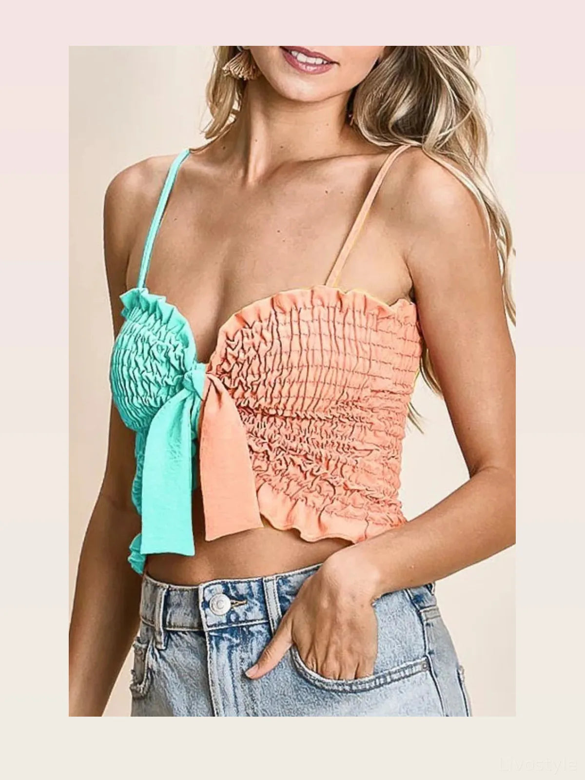 Vibrant Color-Block Smocked Bra Top with Ribbon Detail — styled showcase — Livostyle