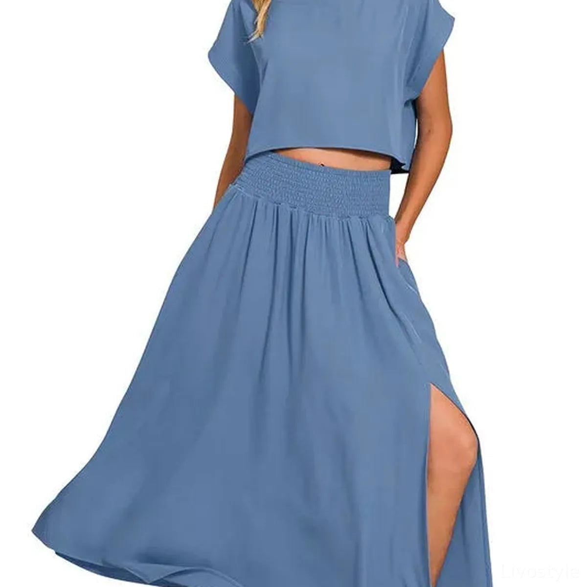 Woven Crinkle Gauze Crop Tee and Skirt Set — square view — Livostyle