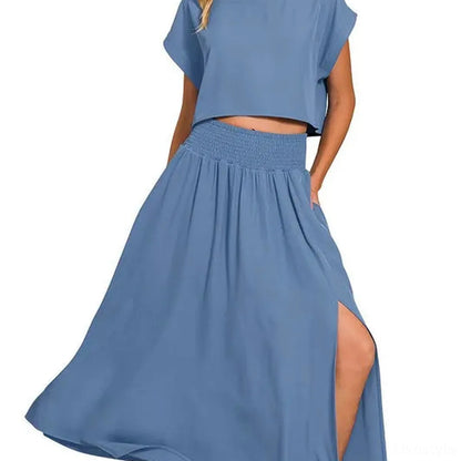 Woven Crinkle Gauze Crop Tee and Skirt Set — square view — Livostyle