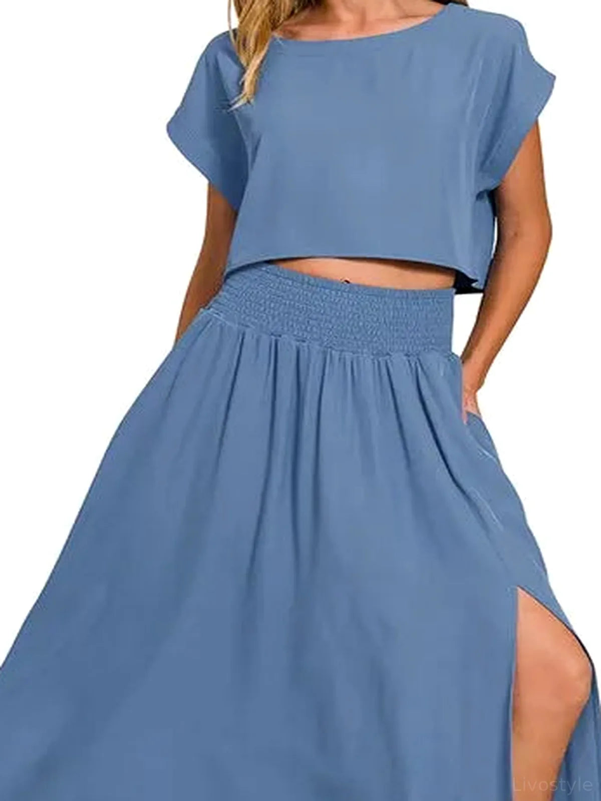 Woven Crinkle Gauze Crop Tee and Skirt Set — detail view — Livostyle