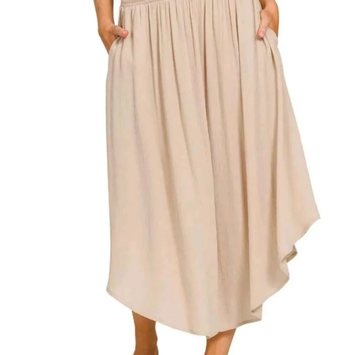 Woven Crinkle Smocked Waist Maxi Skirt W Pockets in SAND BEI — square view — Livostyle