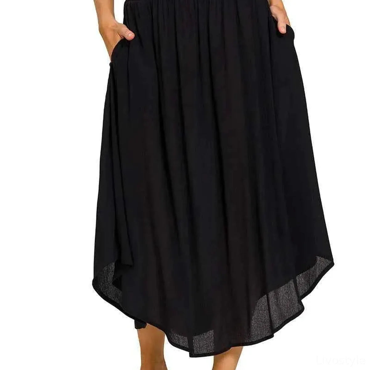 Woven Crinkle Smocked Waist Maxi Skirt W Pockets in BLACK — square view — Livostyle