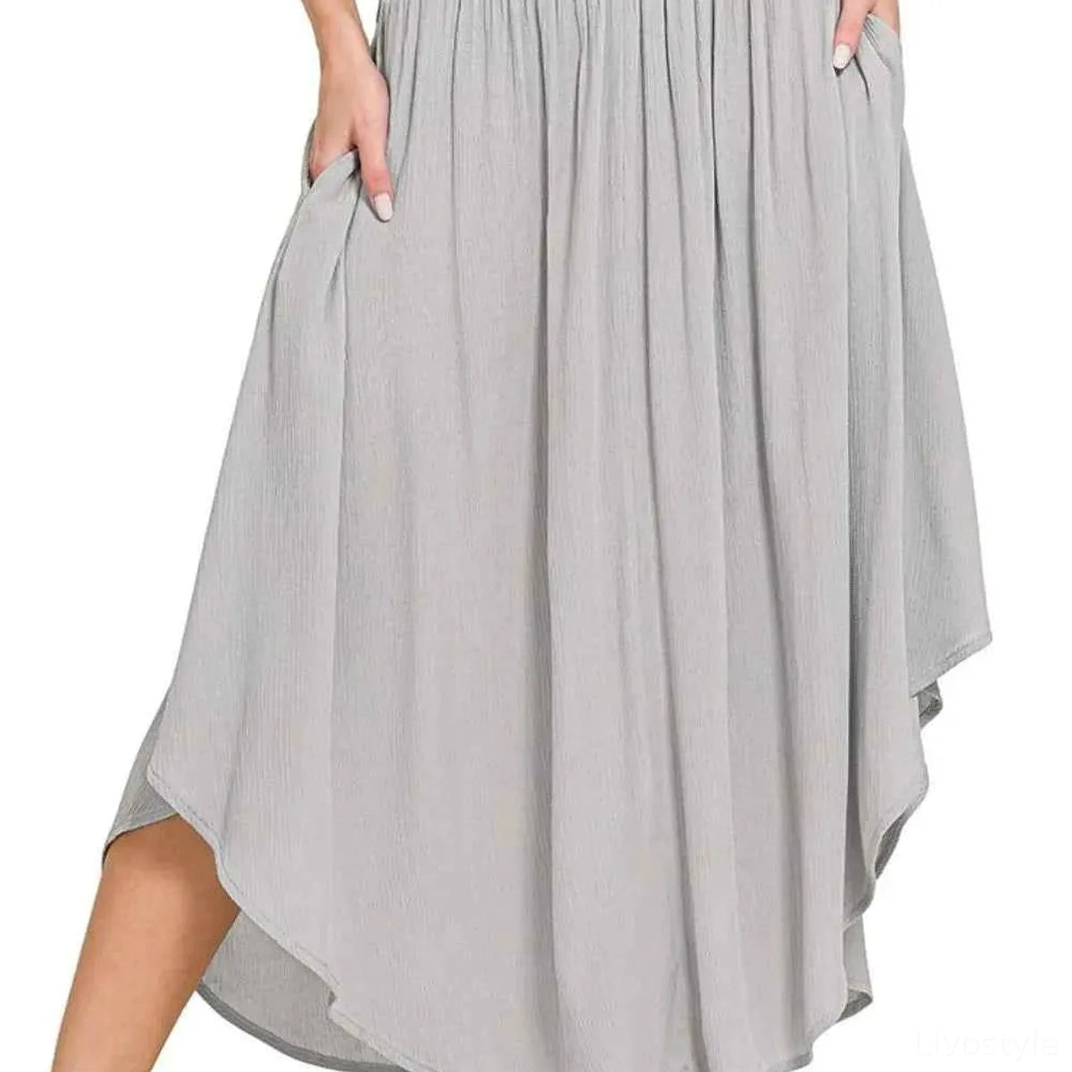 Woven Crinkle Smocked Waist Maxi Skirt W Pockets in LT GREY — square view — Livostyle