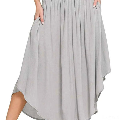 Woven Crinkle Smocked Waist Maxi Skirt W Pockets in LT GREY — square view — Livostyle