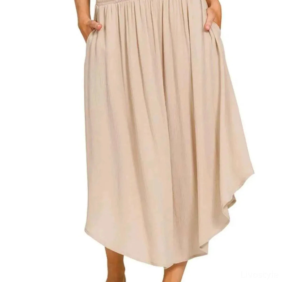 Woven Crinkle Smocked Waist Maxi Skirt W Pockets in SAND BEI — square view — Livostyle