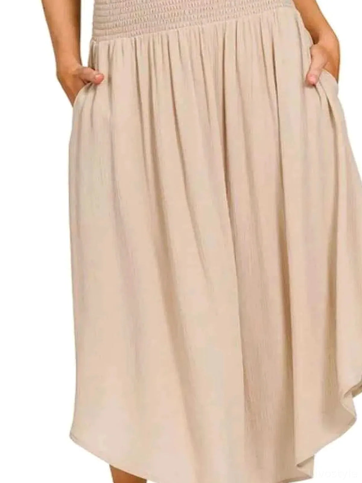Woven Crinkle Smocked Waist Maxi Skirt W Pockets in SAND BEI — detail view — Livostyle