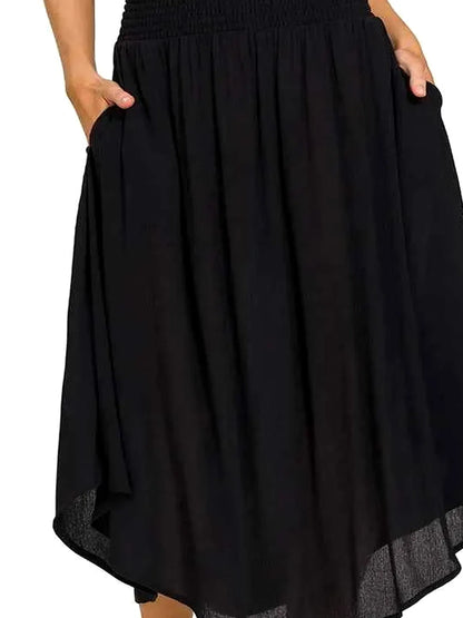 Woven Crinkle Smocked Waist Maxi Skirt W Pockets in BLACK — detail view — Livostyle
