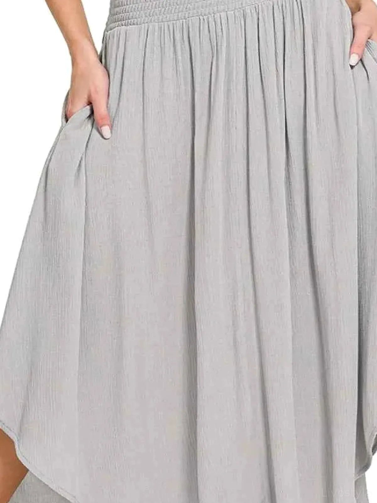 Woven Crinkle Smocked Waist Maxi Skirt W Pockets in LT GREY — detail view — Livostyle