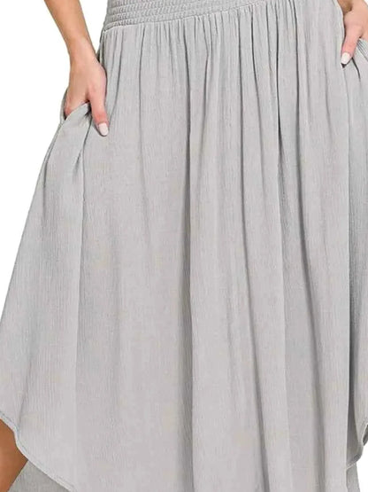 Woven Crinkle Smocked Waist Maxi Skirt W Pockets in LT GREY — detail view — Livostyle