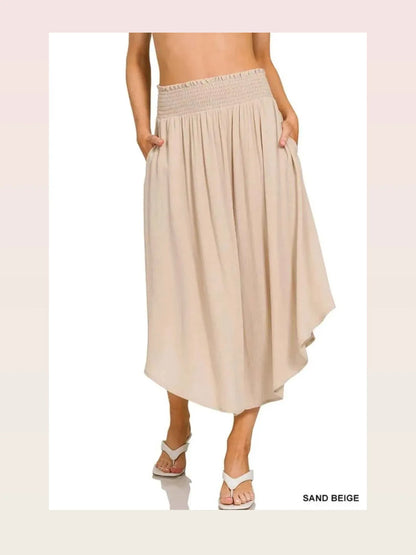 Woven Crinkle Smocked Waist Maxi Skirt W Pockets in SAND BEI — styled showcase — Livostyle