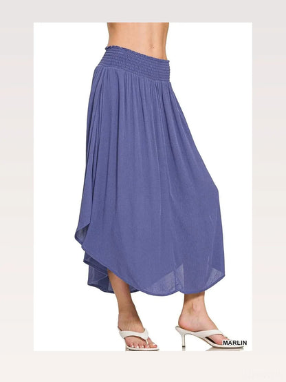 Woven Crinkle Smocked Waist Maxi Skirt W Pockets in MARLIN — styled showcase — Livostyle