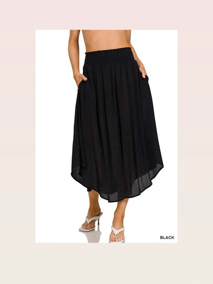 Woven Crinkle Smocked Waist Maxi Skirt W Pockets in BLACK — styled showcase — Livostyle