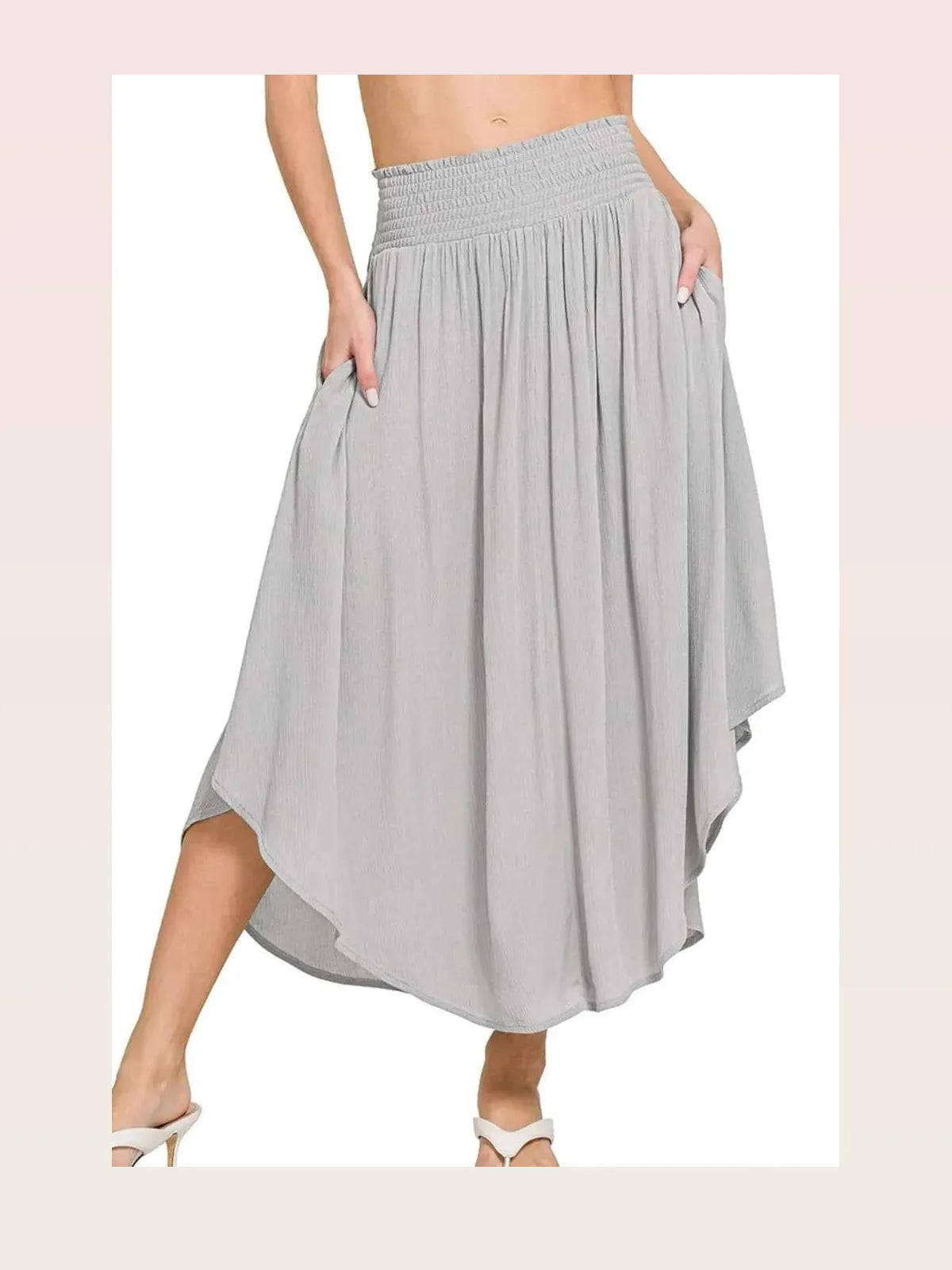 Woven Crinkle Smocked Waist Maxi Skirt W Pockets in LT GREY — styled showcase — Livostyle