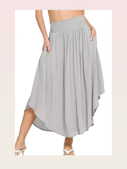 Woven Crinkle Smocked Waist Maxi Skirt W Pockets in LT GREY — styled showcase — Livostyle