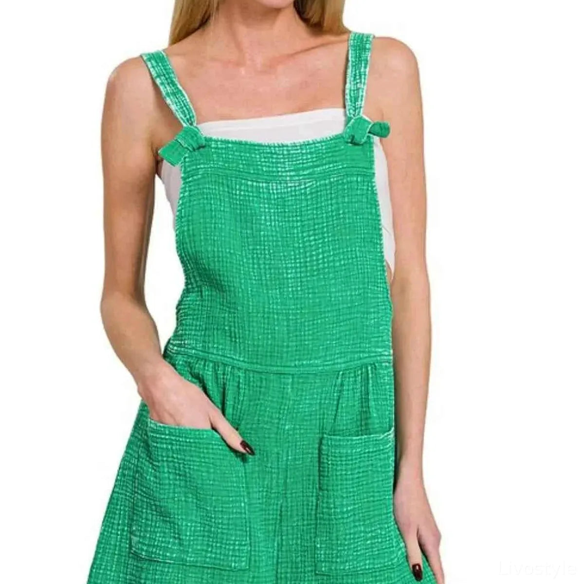 Woven Double Gauze Acid Washed Romper in K GREEN — square view — Livostyle
