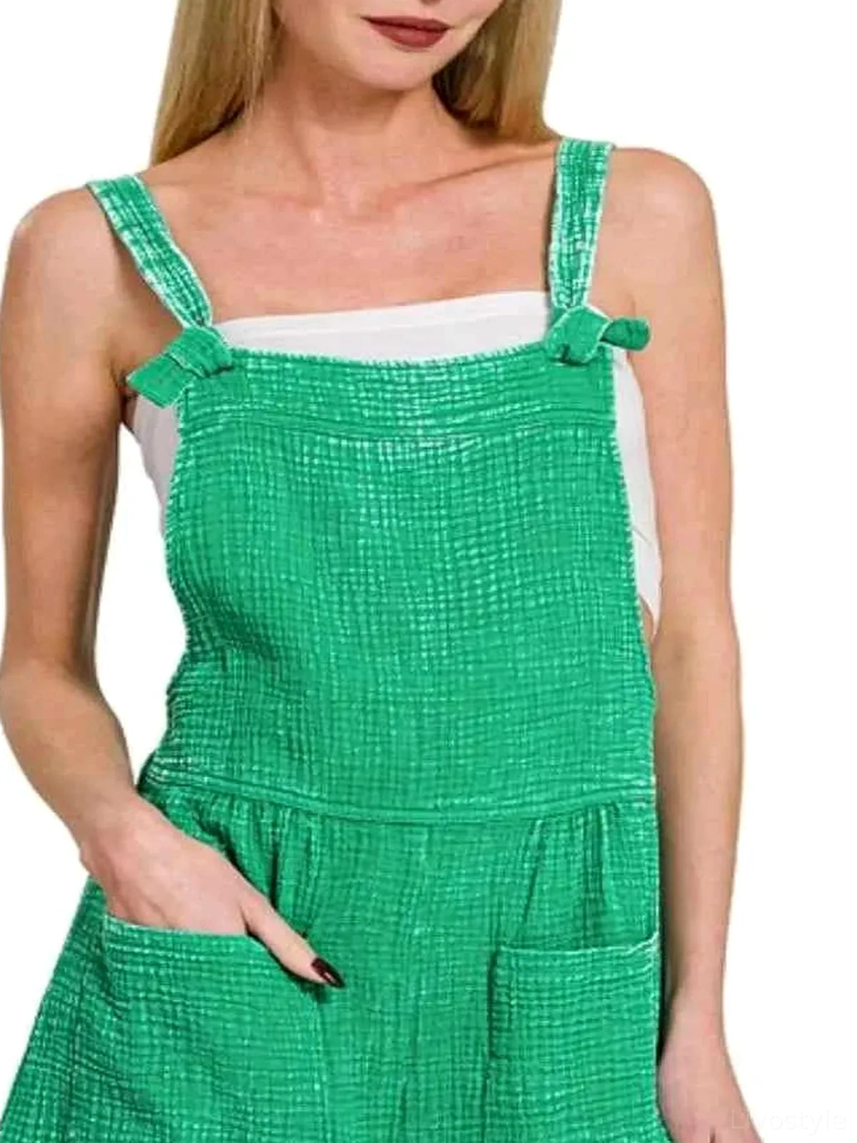 Woven Double Gauze Acid Washed Romper in K GREEN — detail view — Livostyle