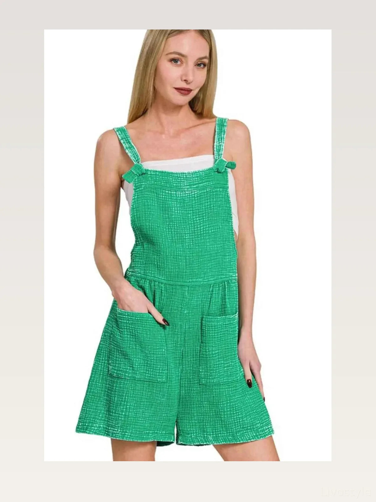 Woven Double Gauze Acid Washed Romper in K GREEN — styled showcase — Livostyle