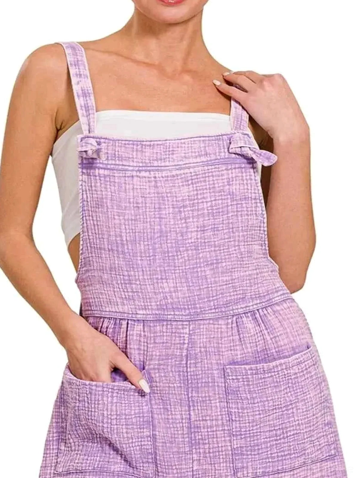 Woven Double Gauze Acid Washed Romper in LAVENDER — detail view — Livostyle