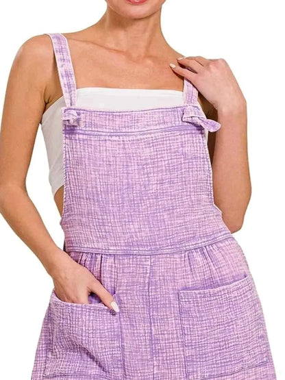 Woven Double Gauze Acid Washed Romper in LAVENDER — detail view — Livostyle