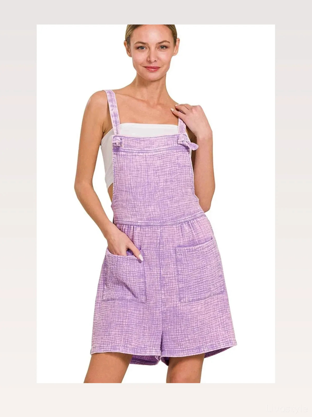 Woven Double Gauze Acid Washed Romper in LAVENDER — styled showcase — Livostyle