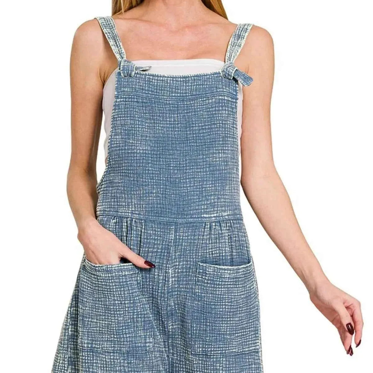 Woven Double Gauze Acid Washed Romper in DUSTY BLUE — square view — Livostyle