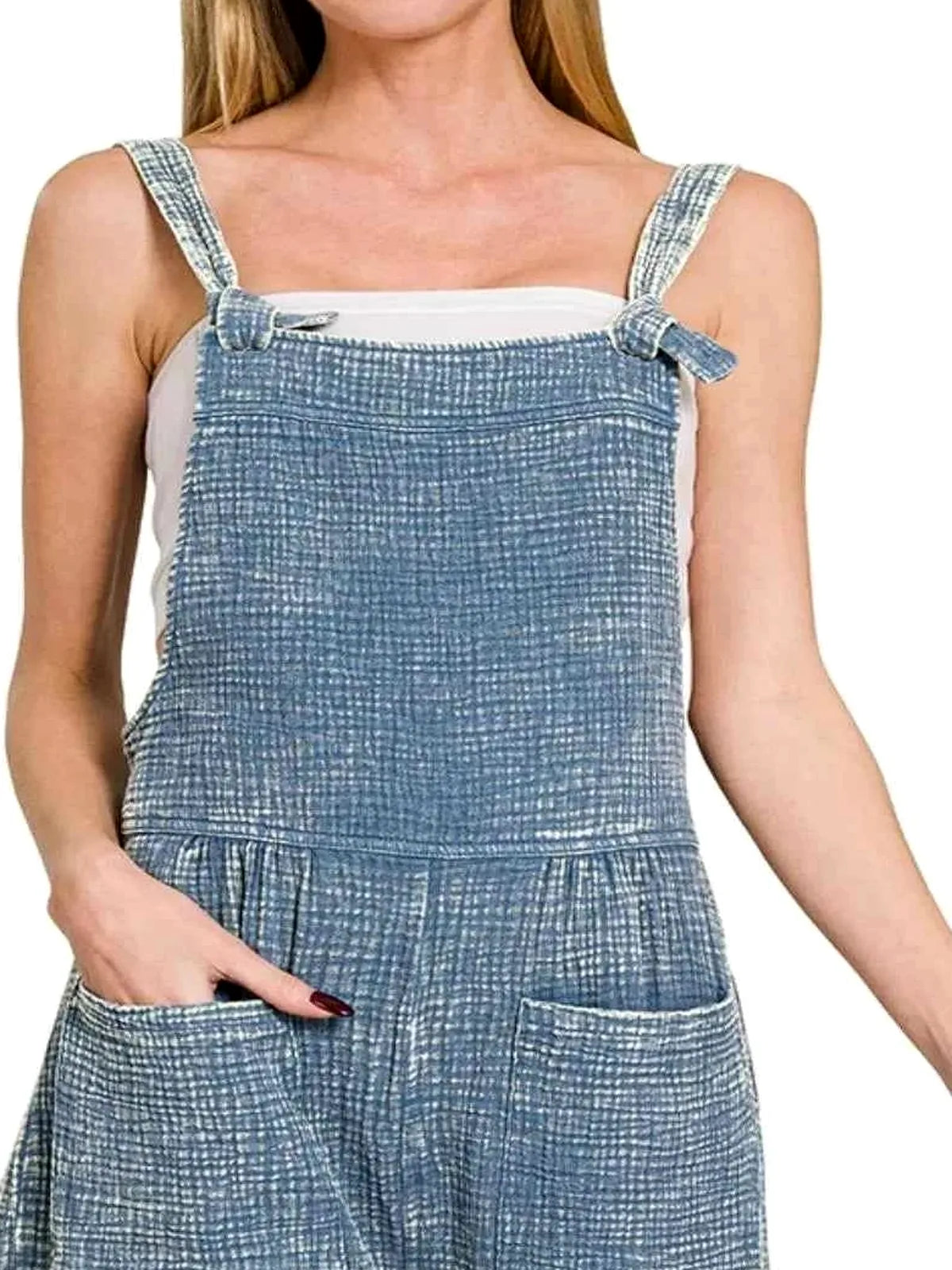 Woven Double Gauze Acid Washed Romper in DUSTY BLUE — detail view — Livostyle